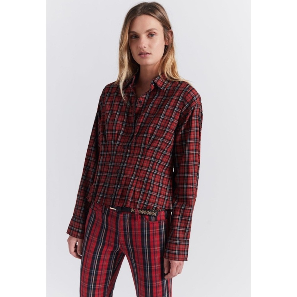 Current Elliott Tella‎ Womens Red Plaid Tartan Raw Hem Button Shirt Size 1 Small